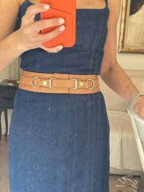 Belstaff Tan Leather Wide Waist Belt with Gold Hardware Accents
